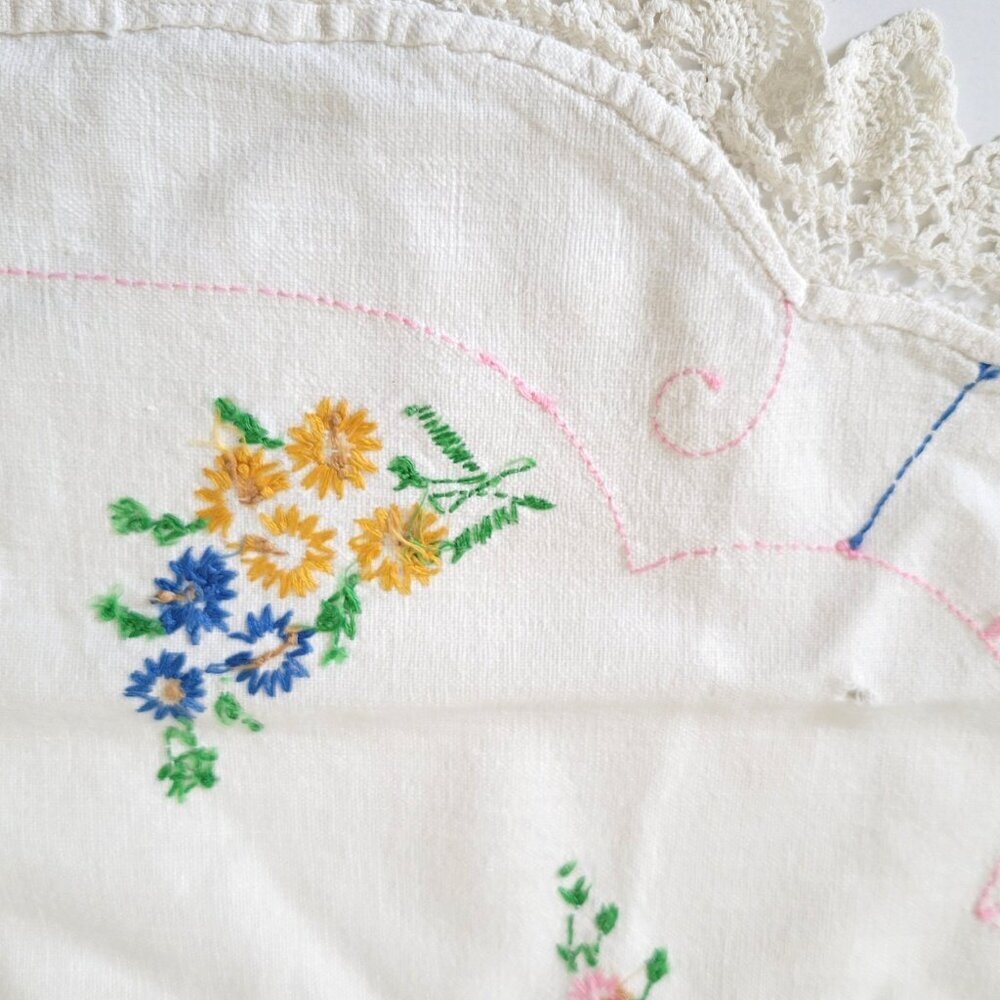 Vintage Embroidered Dresser Scarf Table Runner Flowers Crocheted Trim 26" x 20" - Picture 2 of 8